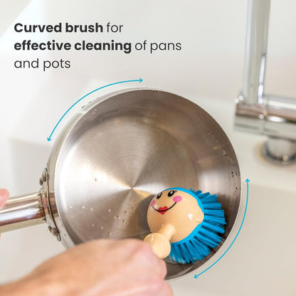 Vigar Dolls Dish Brush with Ergonomic Handle and Dres-shaped Storage Holder - Scrub Brush for Pans, Pots, Kitchen Sink Cleaning, Blue/Pink