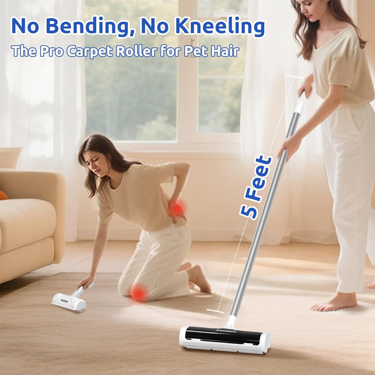 ACE2ACE A3 Pro Carpet Roller for Pet Hair, Carpet Pet Hair Removal Tool, Reusable Large Lint Rollers, 5 Feet Long Handle No Bending No Kneeling, Cat Dog Hair Remover for Carpet, Rugs, Mats, Black