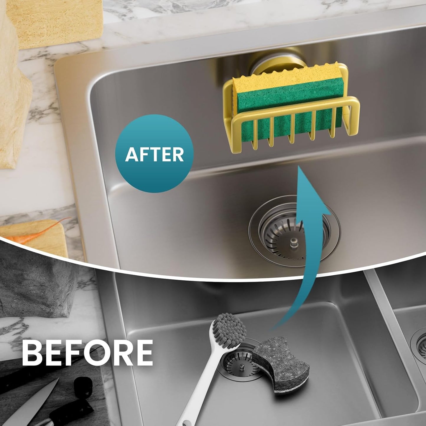 TAILI Sponge Holder for Kitchen Sink with Strong Suction Cup, Rustproof Aluminum Sink Caddy for Sponges, Removable Sponge Holder, Dish Brush for Scraper - Silver