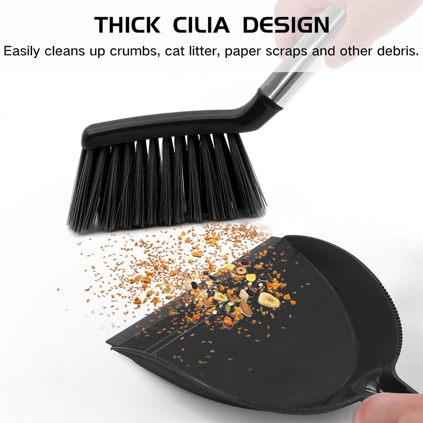NACENA Mini Broom and Dustpan Set, Small Dust Pan and Brush Set with Handle Dustpan Teeth for Cleaning Hair Suitable for Office Desks Drawers Sofas Outdoor Camping, Light & Purple