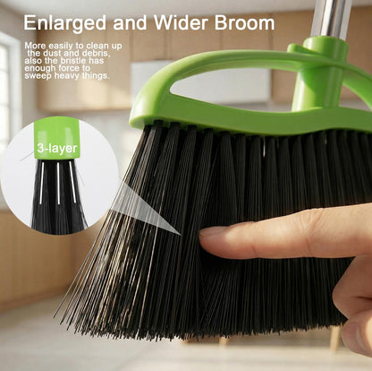 Soft Bristles Green Angle Broom and Dustpan Set, Long Handle Household Indoor Broom with Dustpan Combo Set for Room Kitchen Lobby Office Hardwood Floor Sweeping Floor Cleaning