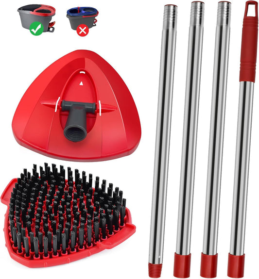 4 Part Stainless Steel Spin Mop Handles, Mop Base & Upgrade Scrub Brush Combo for Ocedar EasyWring 1 Tank Spin Mop System, Mop Handle Mop Base & Brush Set for O Cedar Mop, Universal Thin Screw Joints