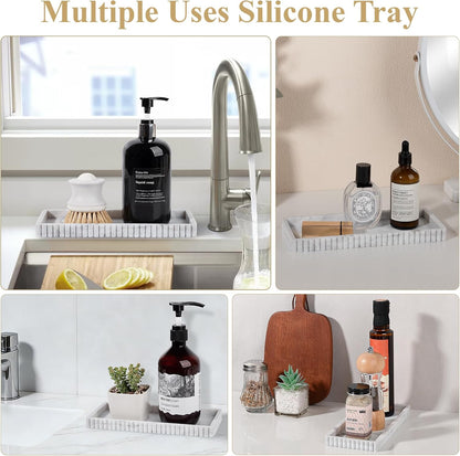 Silicone Bathroom Tray Small Vanity Organizer Rectangle Sink Caddy Sponge Holder Kitchen Counter Decor for Dish Soap, Perfume, Candle, Beige