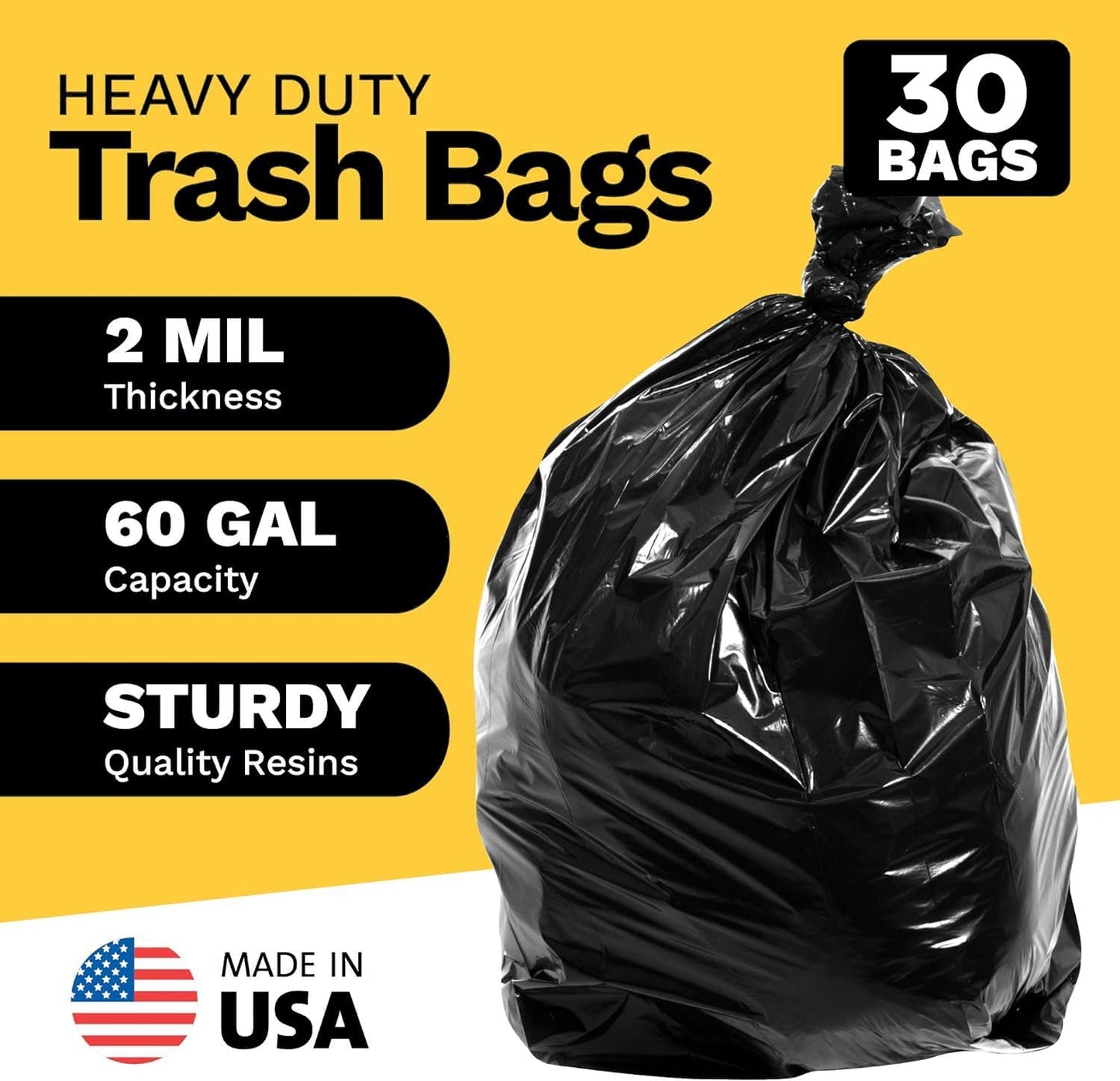 ToughBag 55 Gallon Contractor Trash Bags, 2 Mil Thick (30 Count) - Heavy Duty Drum Liners, Industrial & Commercial Black Garbage Bags - Made in USA