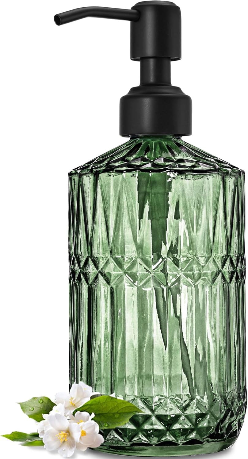 JASAI 2Pack 18Oz Green Glass Soap Dispenser with Gold Rust Proof Pump, Refillable Dish Soap Dispenser for Kitchen, Bathroom Soap Dispenser for Hand soap, Lotion, Body Wash, Dish Soap.