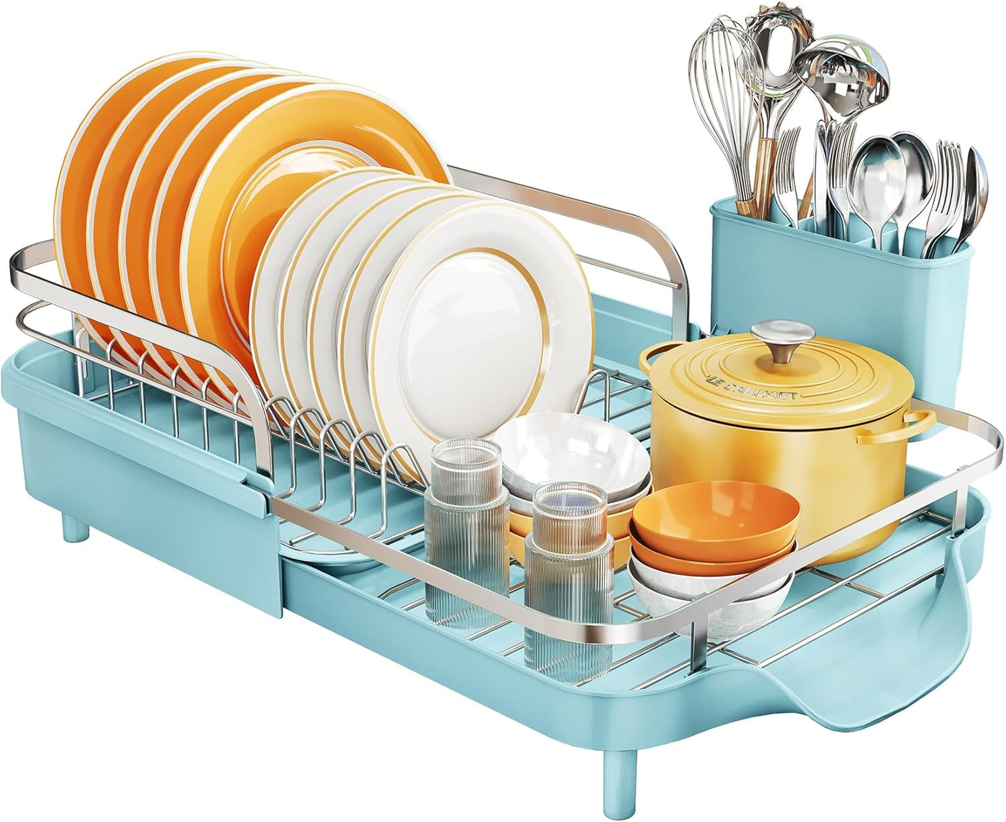 SNTD Dish Drying Rack, Expandable Dish Rack for Kitchen Counter, Stainless Steel Dish Drainer with Drainboard Set and Utensil Holder (Black)