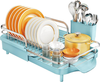 SNTD Dish Drying Rack, Expandable Dish Rack for Kitchen Counter, Stainless Steel Dish Drainer with Drainboard Set and Utensil Holder (Black)