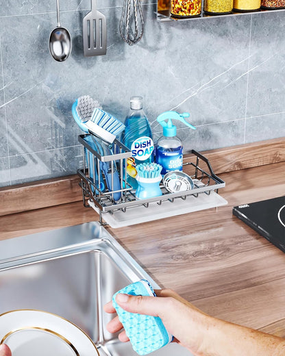 Consumest Sink Caddy, Kitchen Sponge Holder with Dish Brush Holder, Kitchen Organizer with Drip Tray for Countertop, Stainless Steel Rustproof - Silver