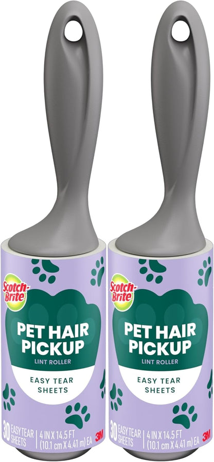 Scotch-Brite Pet Hair Pickup Lint Roller, Designed for Removing Fur + Fluff on Couches, Clothes, Dog and Cat Beds, & More, 1 Pack, 30 Easy-Tear Adhesive Sheets Total
