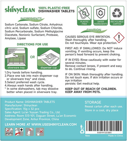 100% Plastic-Free Dishwasher Detergent Tablets, 32 Count, Free & Clear, All-in-One Dishwashing Pods, Enzyme-Powered for Stuck-On Food, Phosphate & Dye Free, Residue-Free Sparkling Shine