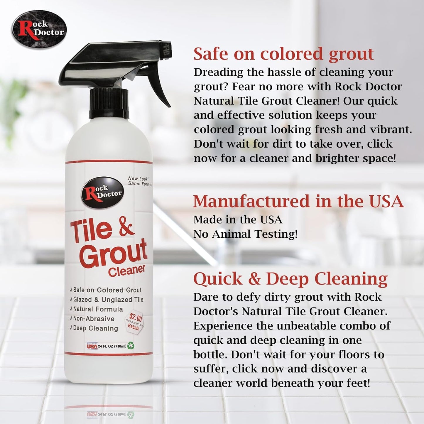 Rock Doctor Natural Tile and Grout Cleaner with brush, Remove Stains Dirt, Oil, and Soap Scum, Heavy Duty Non-Abrasive Tile Cleaner, Natural Formula