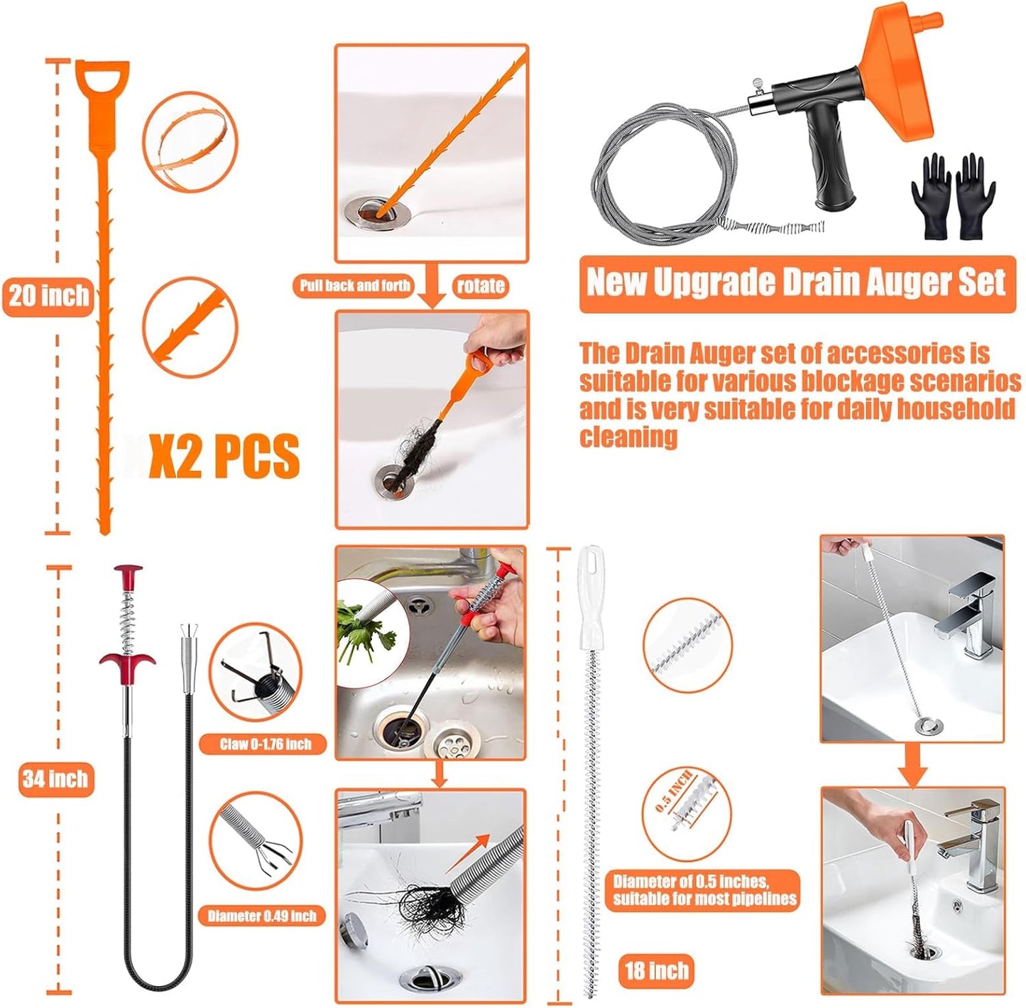 Drain Snake Auger, Plumbing Snake Drain Hair Clog Removal Tool, Sink Unclogger Drain, Heavy Duty Drum Auger, Cleaner Tool for Bathroom Kitchen Tub Shower Drain Clog Remover with Gloves, 33Ft
