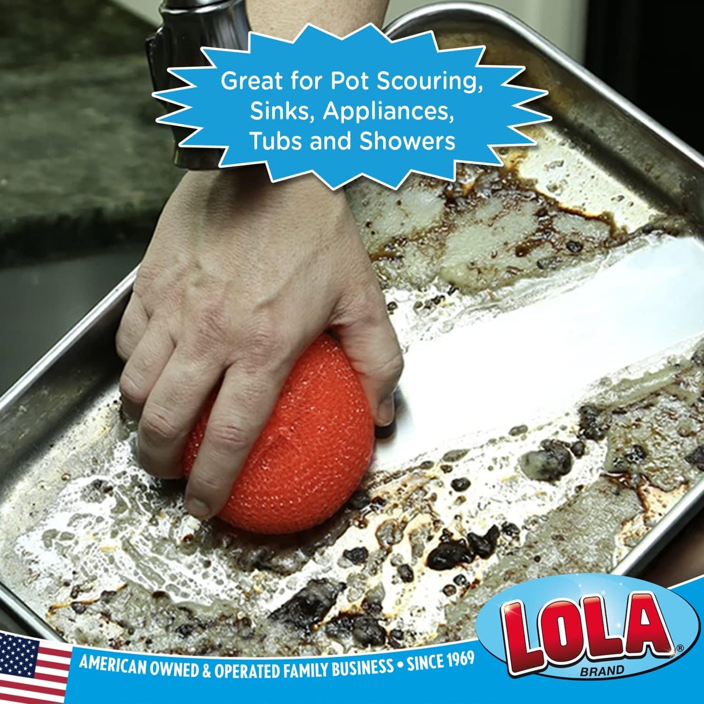 LOLA Plastic Mesh Scouring Pads - 3 Pack, 3.375" x 1.25", Non-Scratch Dish Scrubbers to Clean Dishes, Assorted Colors - Red, Blue & Yellow