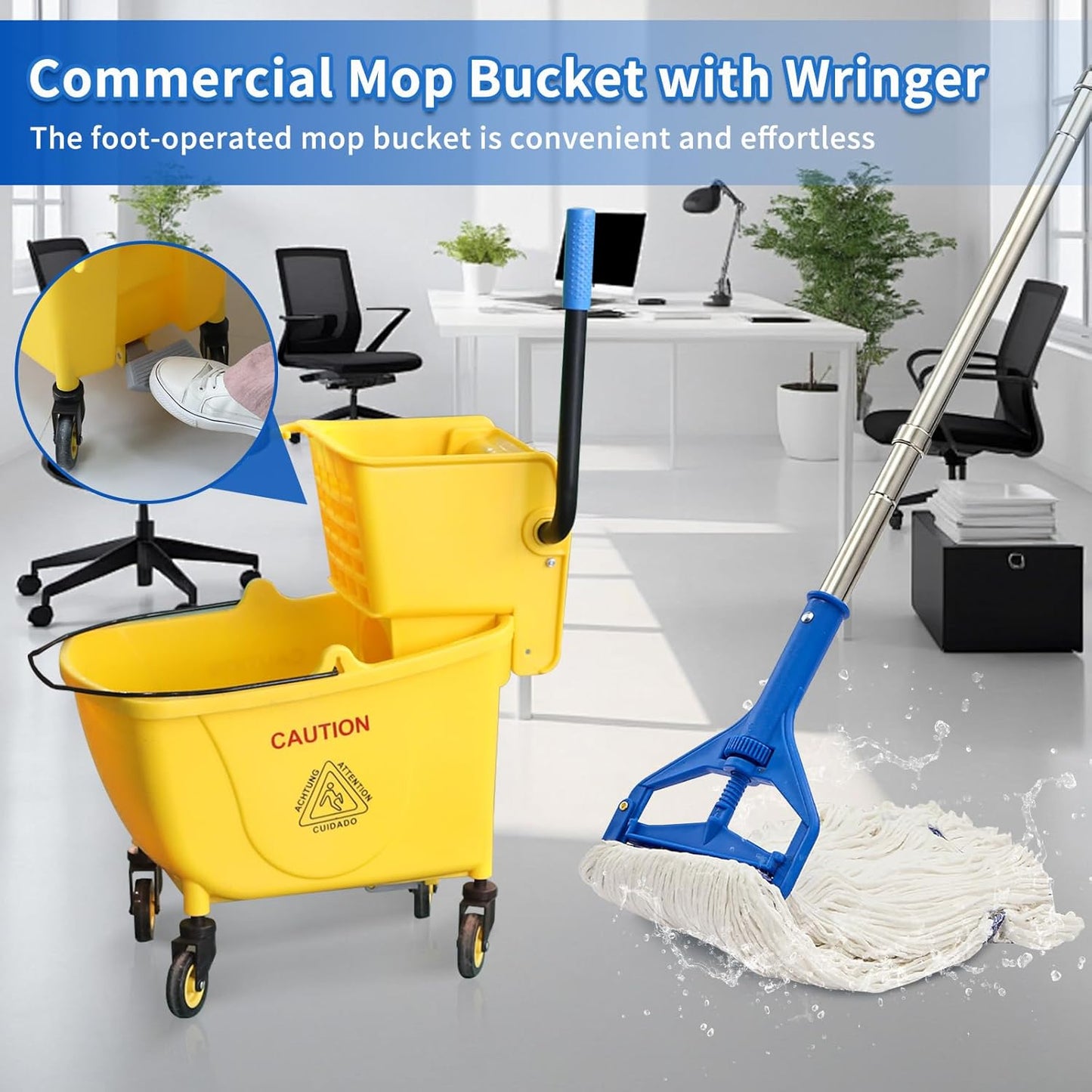 35QT Side-Press Mop Bucket and Wringer Combo on Wheels, Yellow,Including One Heavy Duty Industrial Mop and One Set Large Rubber Cleaning Gloves