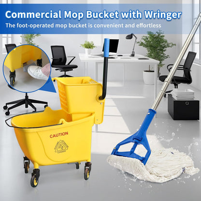 35QT Side-Press Mop Bucket and Wringer Combo on Wheels, Yellow,Including One Heavy Duty Industrial Mop and One Set Large Rubber Cleaning Gloves