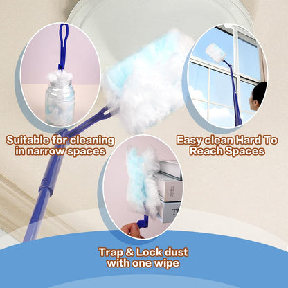 180° Dusters Multi Surface Duster Refills Kit Extender Handle (1 Long Handle to + 1 Short Handle + 15 Duster Refill)