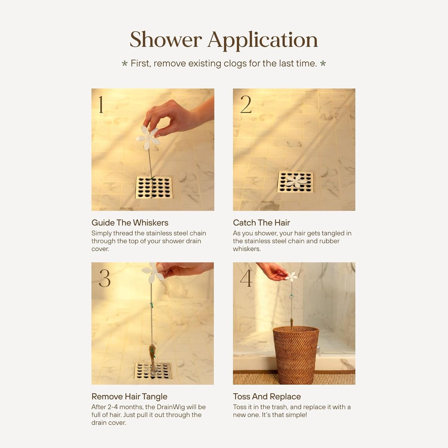 DrainWig Shower Drain Hair Catcher – Disposable Bathroom Hair Trap, Easy to Install in Shower Drain Cover, Helps Prevent Clogs – As Seen on Shark Tank – White Flower (2-Pack)