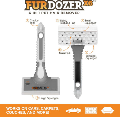 FurDozer Pet Hair Remover & Auto Detailing Tools - Cat & Dog Hair Remover for Carpets, Car Interiors, Couches, Bedding, & Pet Furniture (Gray, X3 PRO - 5" Long)