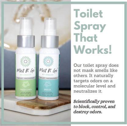 Mist N’ Go by Omaze Travel Bathroom Spray for Toilet Spray Odor Eliminator - Travel Toilet Spray for Bathroom Air Freshener Spray for Bathroom Deodorizer - Clean Mix, Travel Size (1oz x2)