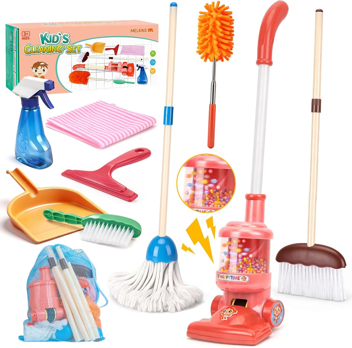 Meland Kids Cleaning Set - 8Pcs Toddler Broom and Toy Vacuum Cleaner, Pretend Play Children House Cleaning Toys, Christmas Birthday Gift for Girls and Boys
