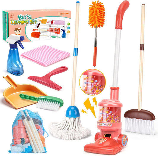 Meland Kids Cleaning Set - 8Pcs Toddler Broom and Toy Vacuum Cleaner, Pretend Play Children House Cleaning Toys, Christmas Birthday Gift for Girls and Boys