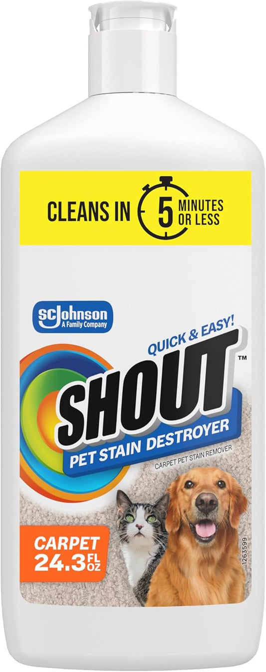 Shout Pet Stain Remover Spray, Color-Safe Multisurface & Carpet Cleaner Solution for Dog & Cat Urine, Feces, Vomit & Mud, Fights Odors & Remarking, Fast-Acting Cleans in 5 Minutes or Less, 22oz