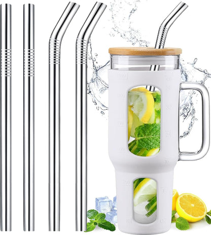 Vinaco Stainless Steel Smoothie Straws, 0.4'' Extra Wide Reusable Metal Drinking Straws for Milkshake, Smoothie, Beverage, Set of 4 with 1 Cleaning Brush