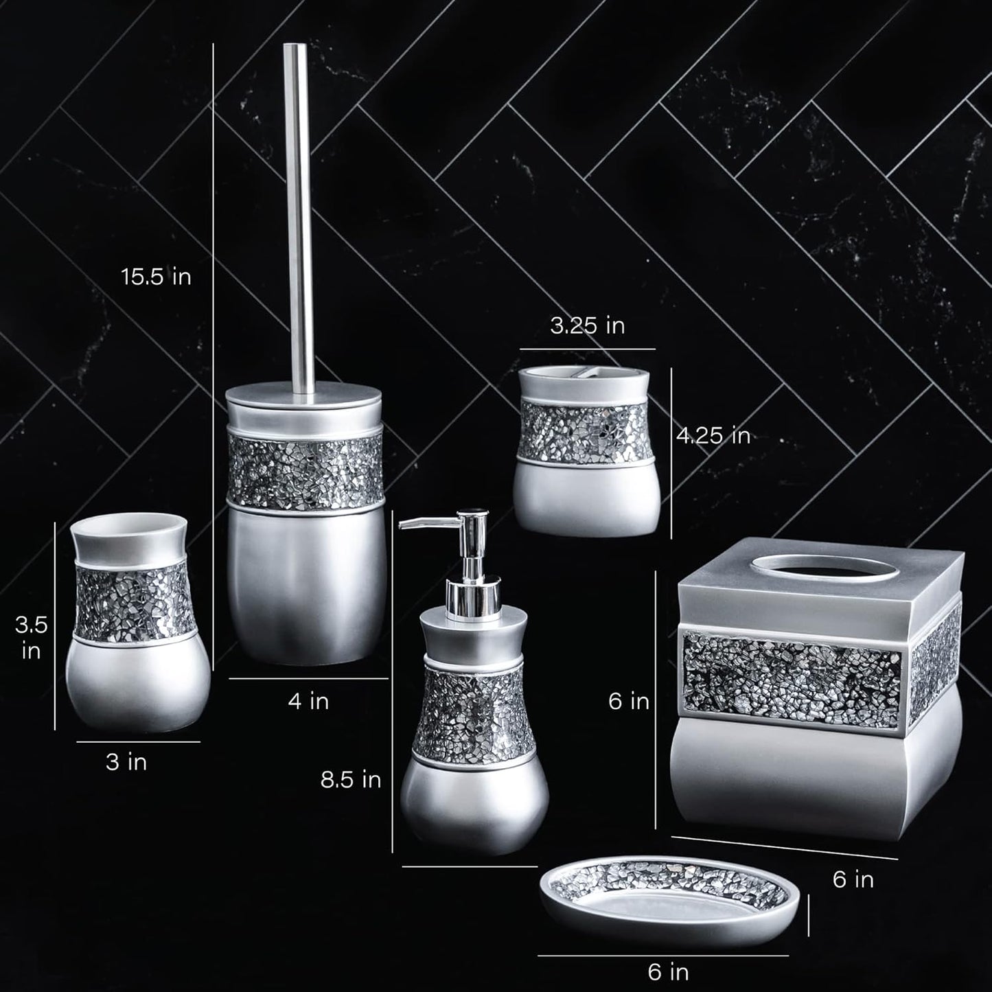Creative Scents Crackled Glass Toilet Brush with Holder - Silver Toilet Bowl Cleaner Brush and Holder - Good Grip, Deep Cleaning, Decorative Design Compact Toilet Bowl Scrubber