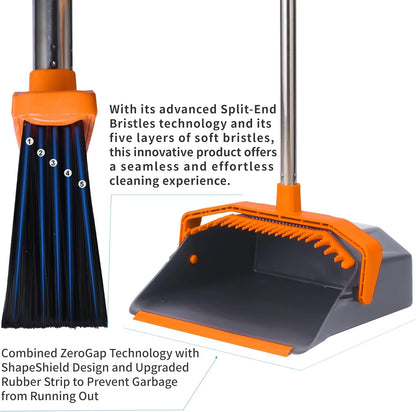 Tiumso Upgrade Broom with Dustpan Combo Set, Broom and Dustpan Set with 51'' Long Handle, Dust Pan and Brooms, ZeroGap Lip, Self-Cleaning Dustpans Teeth for Lobby Kitchen Restaurant - Black and Red