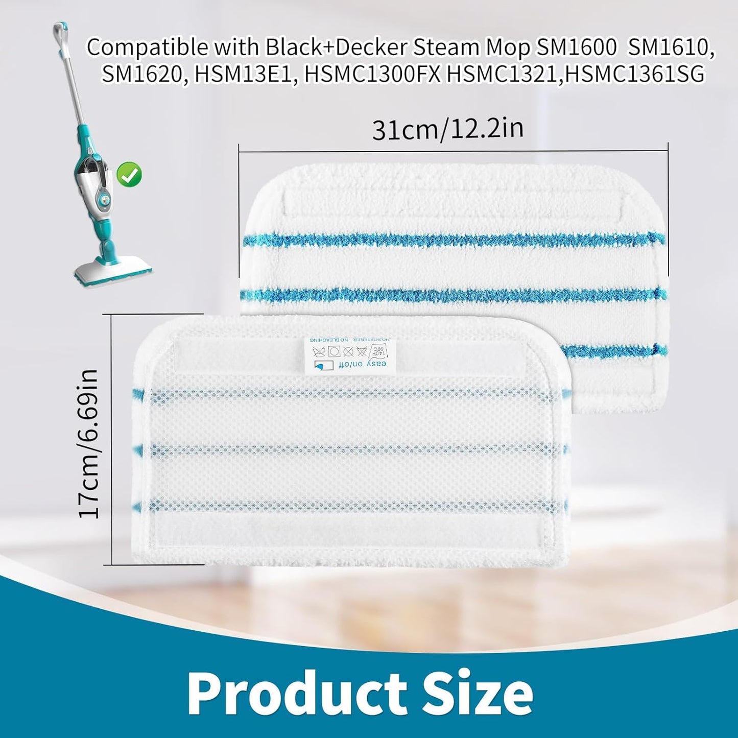 Replacement Steam Mop Pads for Black+Decker Steam Mop SM1600 SM1610 SM1620 HSM13E1 HSMC1300FX HSMC1321 HSMC1361SG, 6 Pack Washable Microfiber Cleaning Pads