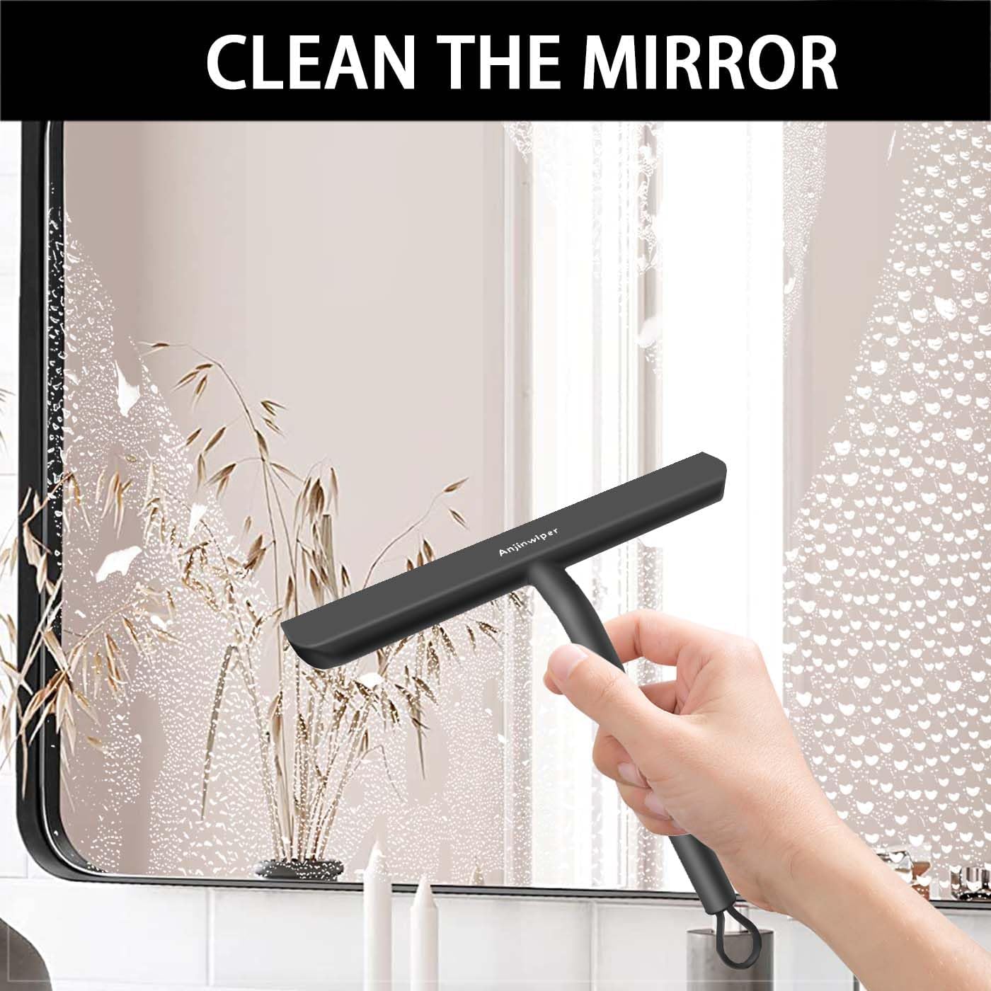 Household Squeegee for Shower Glass Doors, Silicone Shower Squeegee with Adhesive Hook, Bathroom Squeegee for Shower, Window Cleaner Tool for Glass Door, Kitchen, Tile Wall(10 inch-Black)