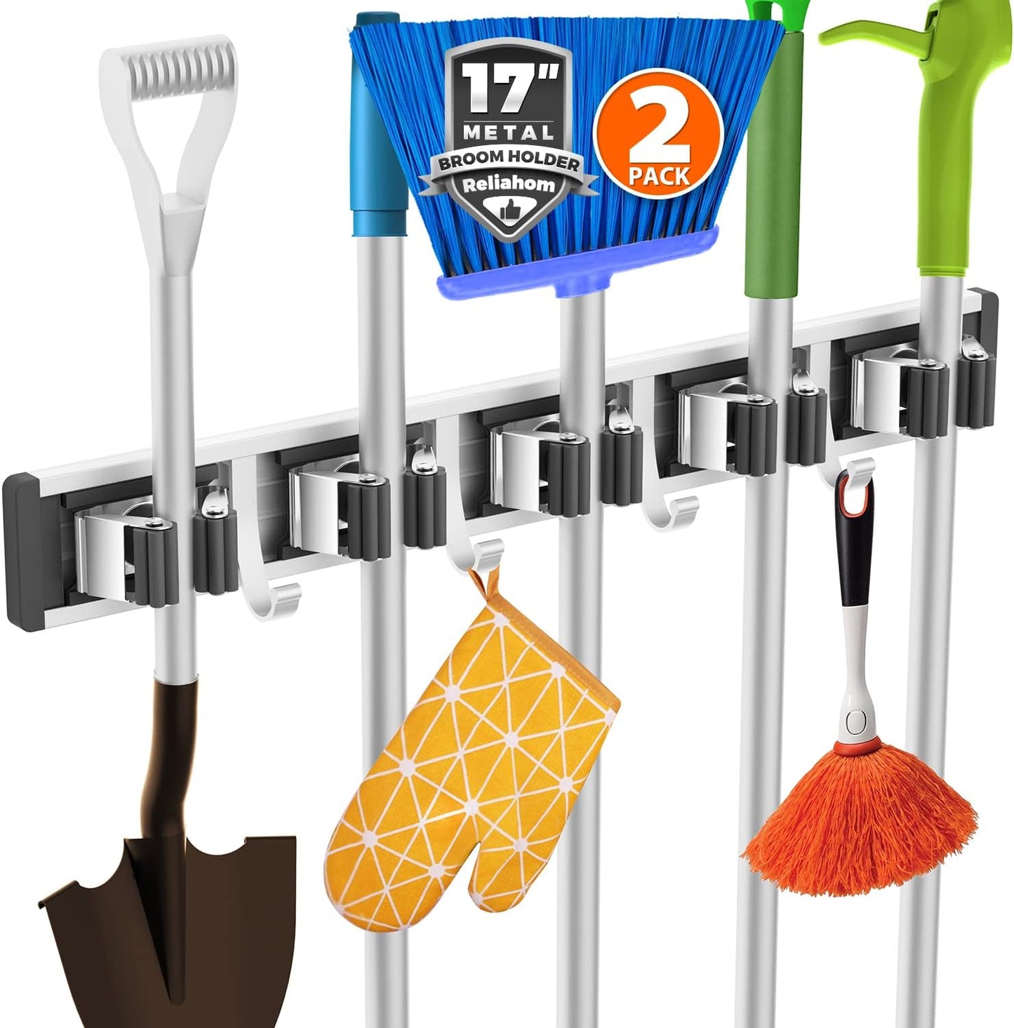 reliahom Adjustable Broom Holder Wall Mount, Mop Storage Tool Racks, Broom Hanger Tool Organizer for Garage, Kitchen, Garden, Laundry Room, 4 Racks 5 Hooks Silver