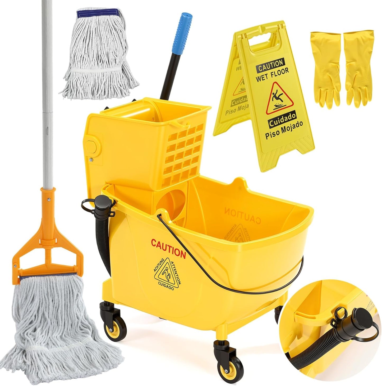 38 Qt Commercial Mop Bucket with Side Press Wringer on Wheels, Including Wet Floor Caution Sign, 1 Heavy Duty Industrial Mop, 1 Mop Head Replacement and a Pair of Gloves