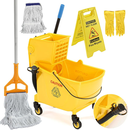 38 Qt Commercial Mop Bucket with Side Press Wringer on Wheels, Including Wet Floor Caution Sign, 1 Heavy Duty Industrial Mop, 1 Mop Head Replacement and a Pair of Gloves