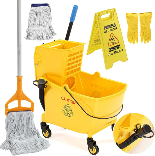38 Qt Commercial Mop Bucket with Side Press Wringer on Wheels, Including Wet Floor Caution Sign, 1 Heavy Duty Industrial Mop, 1 Mop Head Replacement and a Pair of Gloves