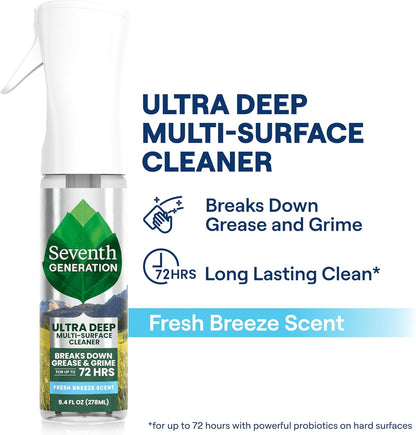 Seventh Generation Ultra Deep Probiotic Multi Surface Cleaner, 9.4 Fl Oz, Fresh Breeze, 80% USDA Biobased All Purpose Cleaning Spray, Breaks Down Tough Grease & Grime, Safe for Kids & Pets