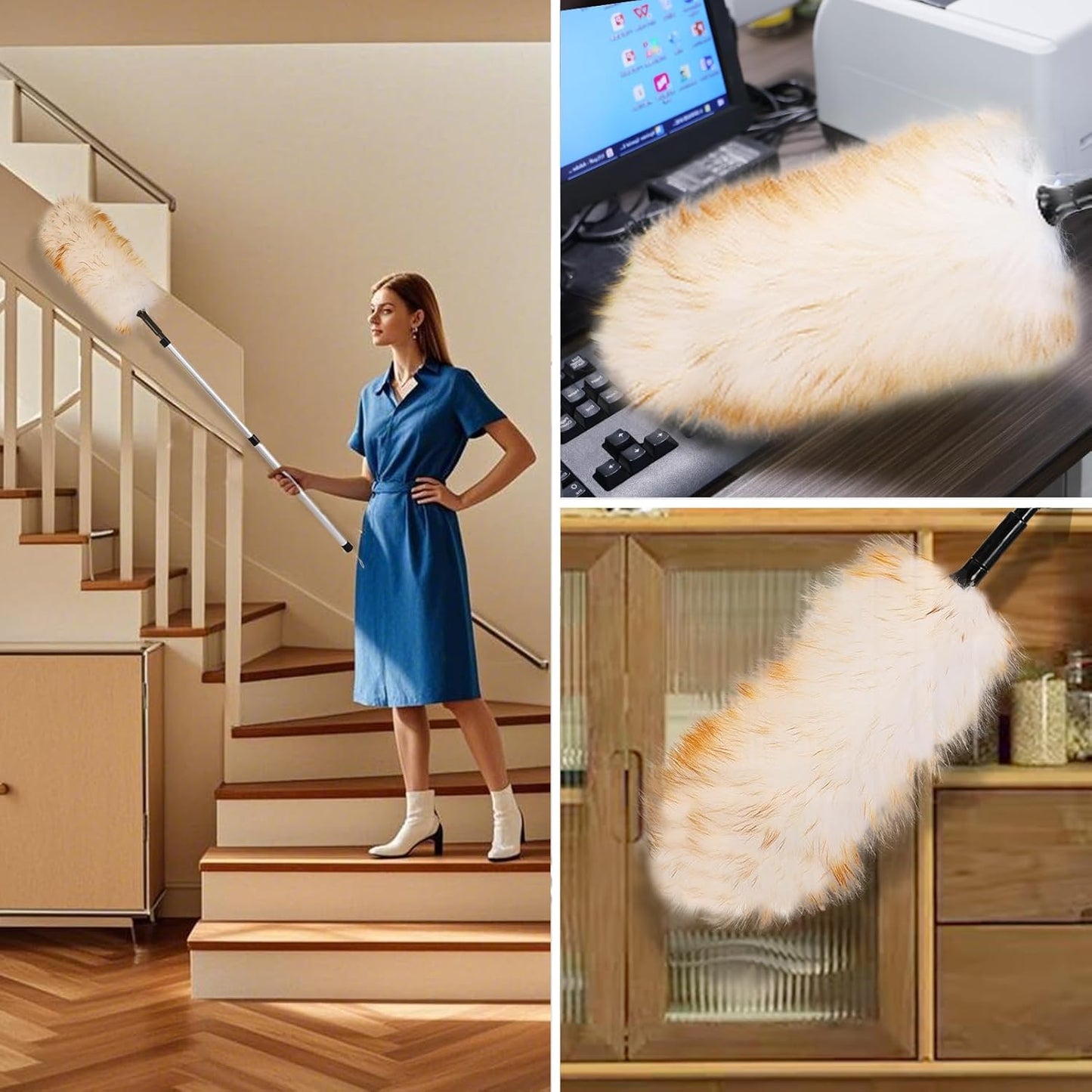 Lambswool Extendable Duster 29-110 Inch, Anti-Static Flexible Head, Stainless Steel Pole for High Ceilings, Fans, Interior & Roof Dusting.