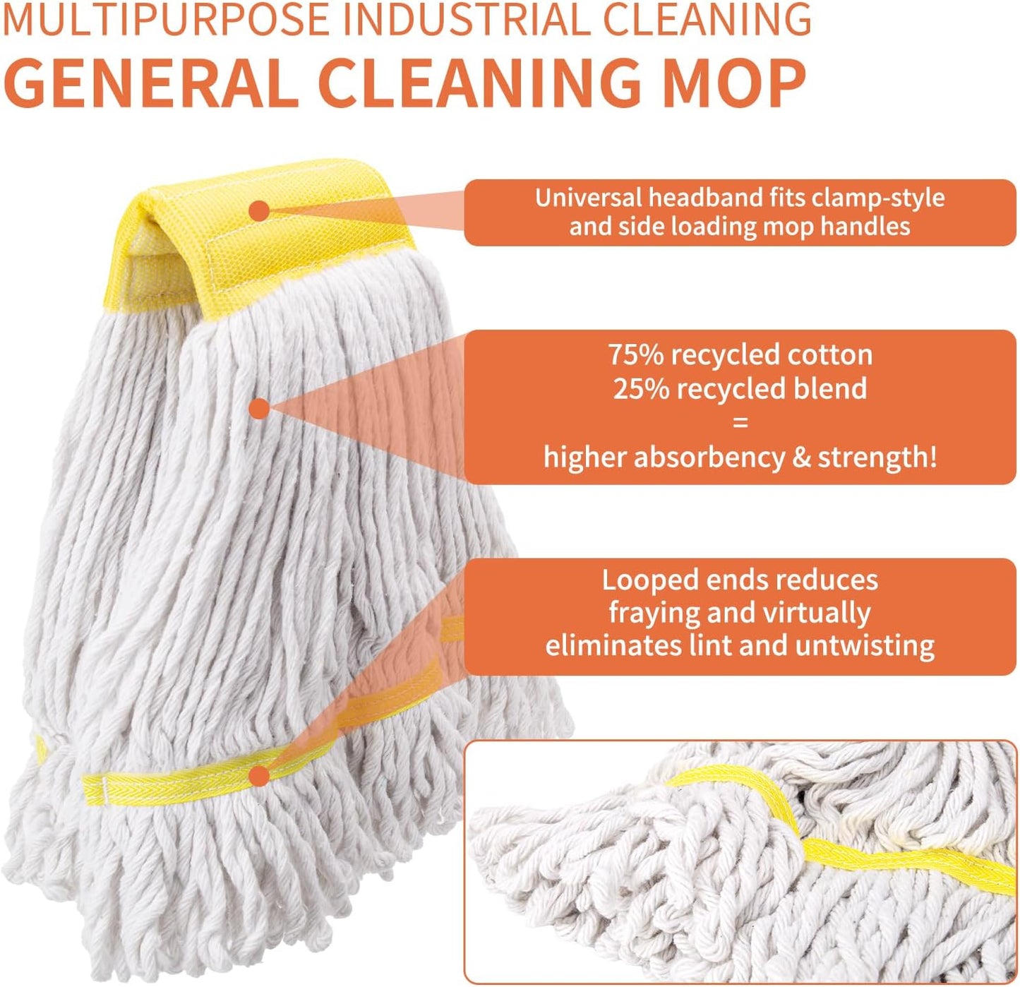 KeFanta Commercial Mop Heavy Duty Industrial Mop with Long Handle,60" Looped-End String Wet Cotton Mops for Floor Cleaning,Home,Kitchen,Office,Garage and Concrete/Tile Floor