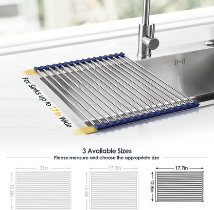 Tomorotec 17.7" x 15.5" Roll Up Dish Drying Rack Over Sink Drying Rack Sink Cover Kitchen Sink Accessories Gadget Multipurpose Organizer Foldable Stainless Steel Drainer (Grey)