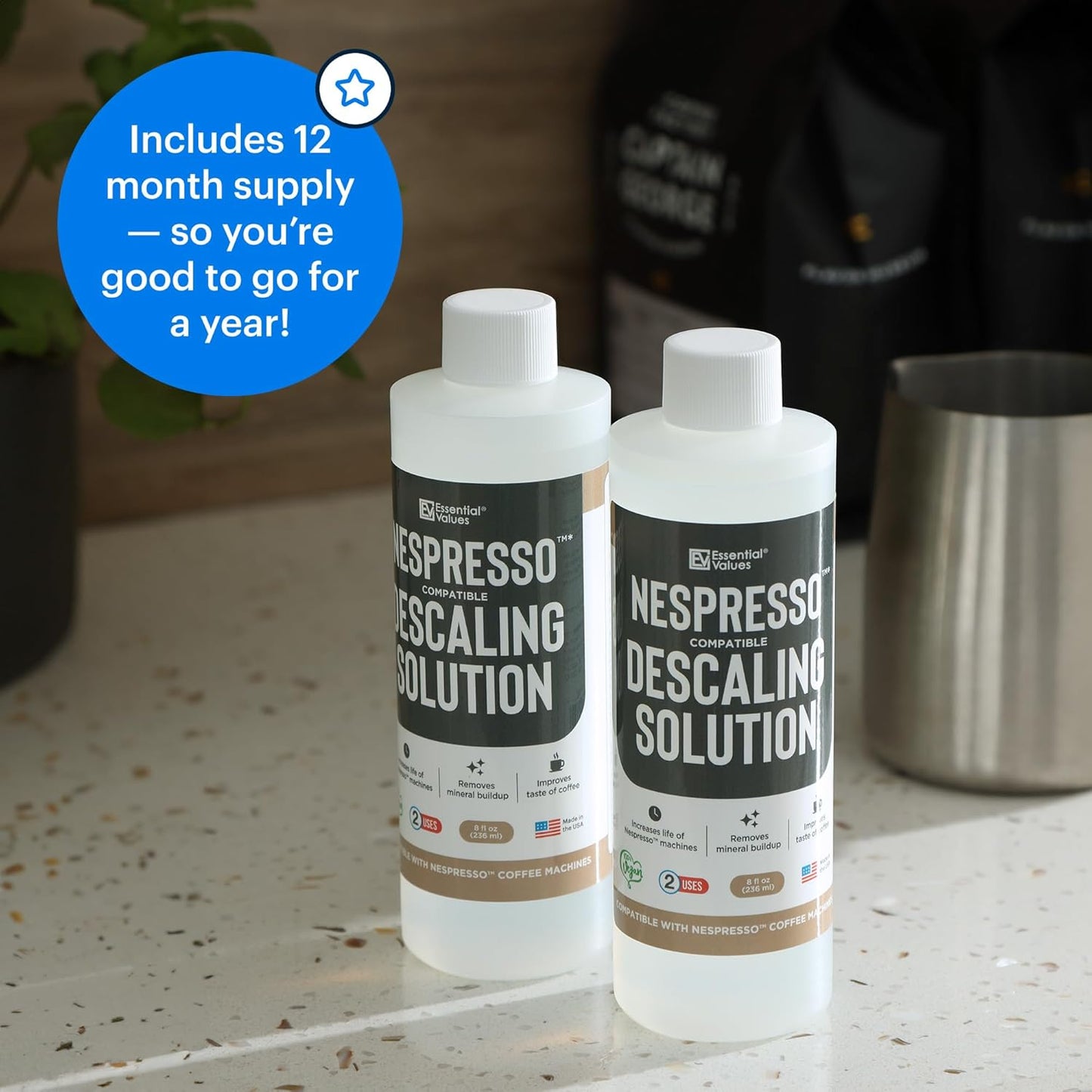 Essential Values Descaling Solution (8 fl oz / 236 ml) – Coffee Maker Cleaner for Nespresso, Keurig, Breville & More – Works on All Machines & Espresso Makers – Made in USA