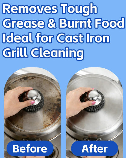 Stainless Steel Scrubber with Handle, Heavy Duty Steel Wool Scrubbers for Pots and Pans, Cast Iron, Steel Wool Scouring Pads for Stove, Oven, Grill, Kitchen, Sink Cleaning