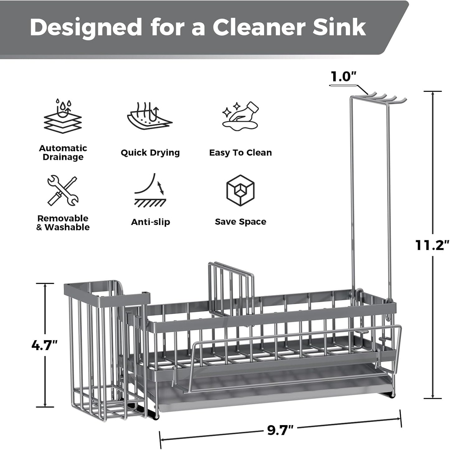 Sponge Holder for Kitchen Sink – Rustproof Stainless Steel with Detachable Drainboard, Brush Rack & Towel Bar | Compact, Non-Slip Design for Countertop Bathroom