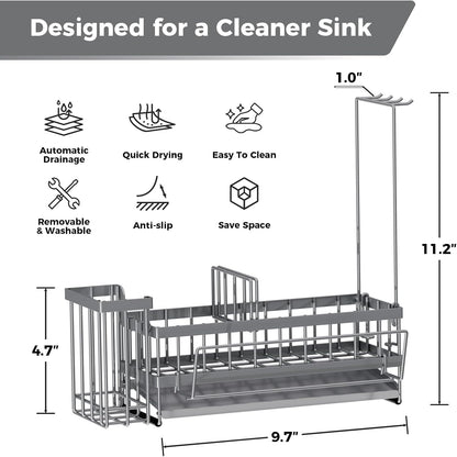 Sponge Holder for Kitchen Sink – Rustproof Stainless Steel with Detachable Drainboard, Brush Rack & Towel Bar | Compact, Non-Slip Design for Countertop Bathroom