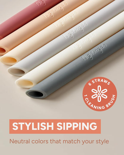 Nightingale Reusable Silicone Straws - Bendy Drinking Straw with Cleaning Brush - Collapsible and Bendable Travel Straw for Kids - Dishwasher Safe, Food-Safe - Set of 6 (Oak Multi)