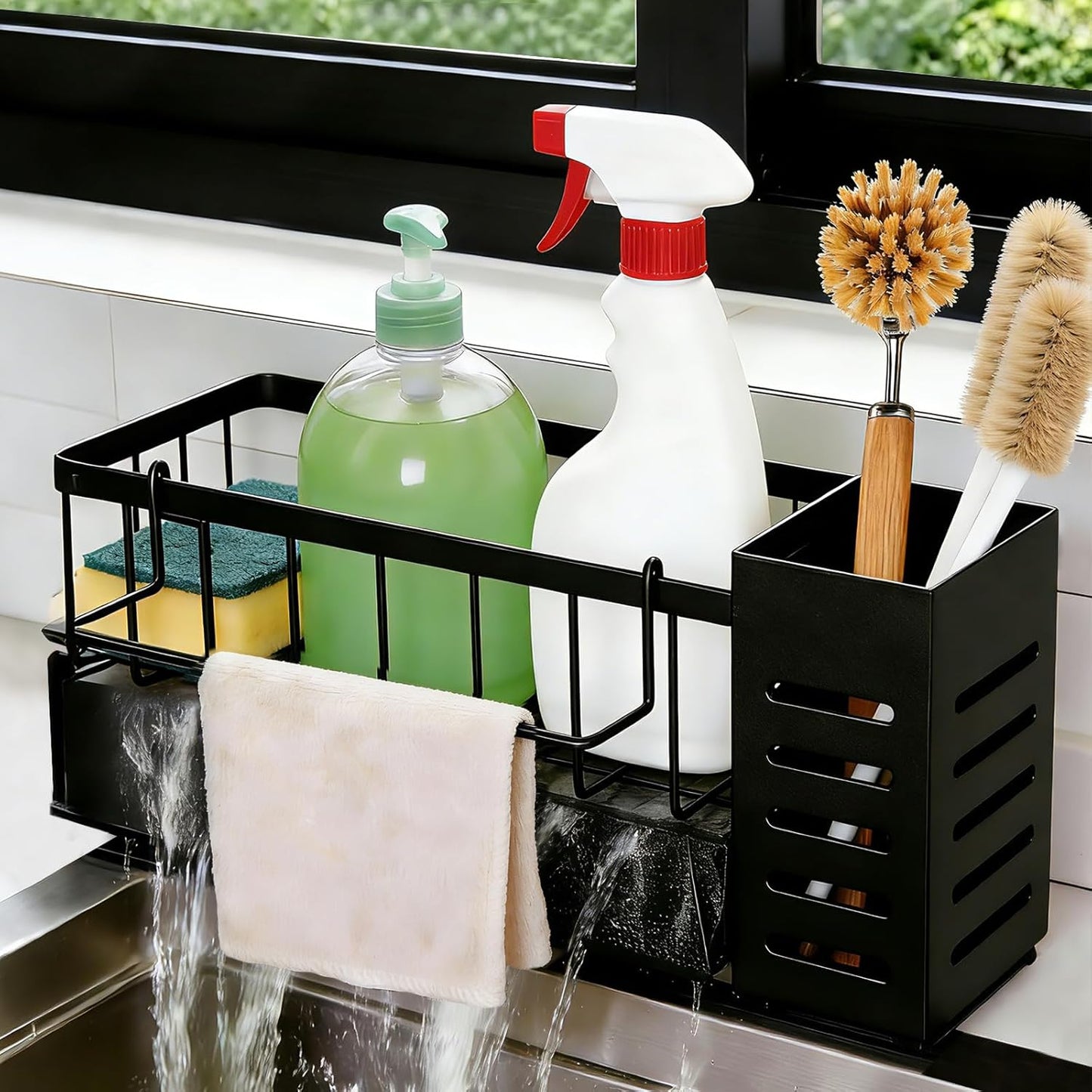 Kitchen Sink Caddy Organizer with Removable Brush Holder and Self Drain Tray, Kitchen Sink Organizer for Sponge, Soap,Dish Brush,Scrubber,Kitchen Essentials and Gadgets(Black)