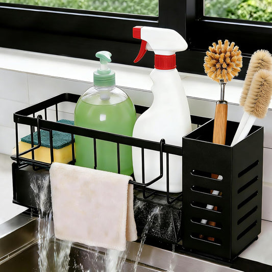 Kitchen Sink Caddy Organizer with Removable Brush Holder and Self Drain Tray, Kitchen Sink Organizer for Sponge, Soap,Dish Brush,Scrubber,Kitchen Essentials and Gadgets(Black)