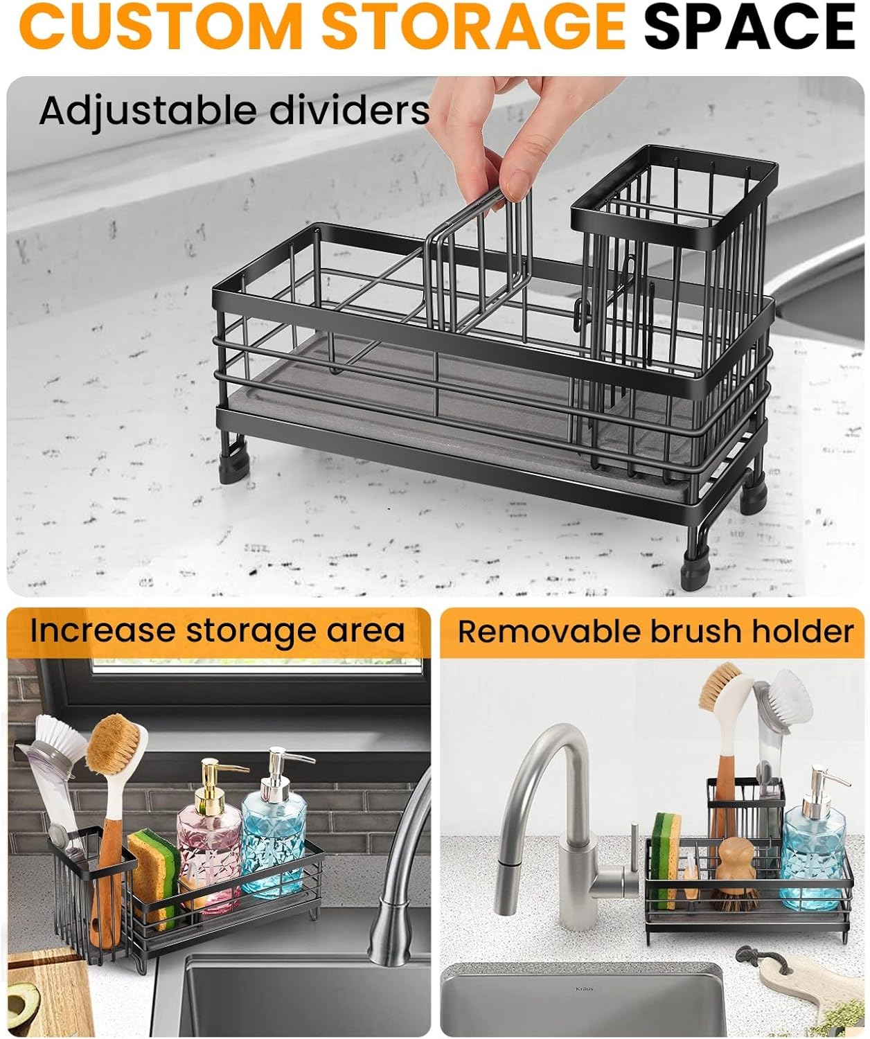 Kitchen Sink Caddy with Water Absorbent Diatomite Stone Sink Tray, Fast Drying Sink Organizer with High Dish Brush Holder Sponge Holder for Kitchen Sink, Stainless Steel