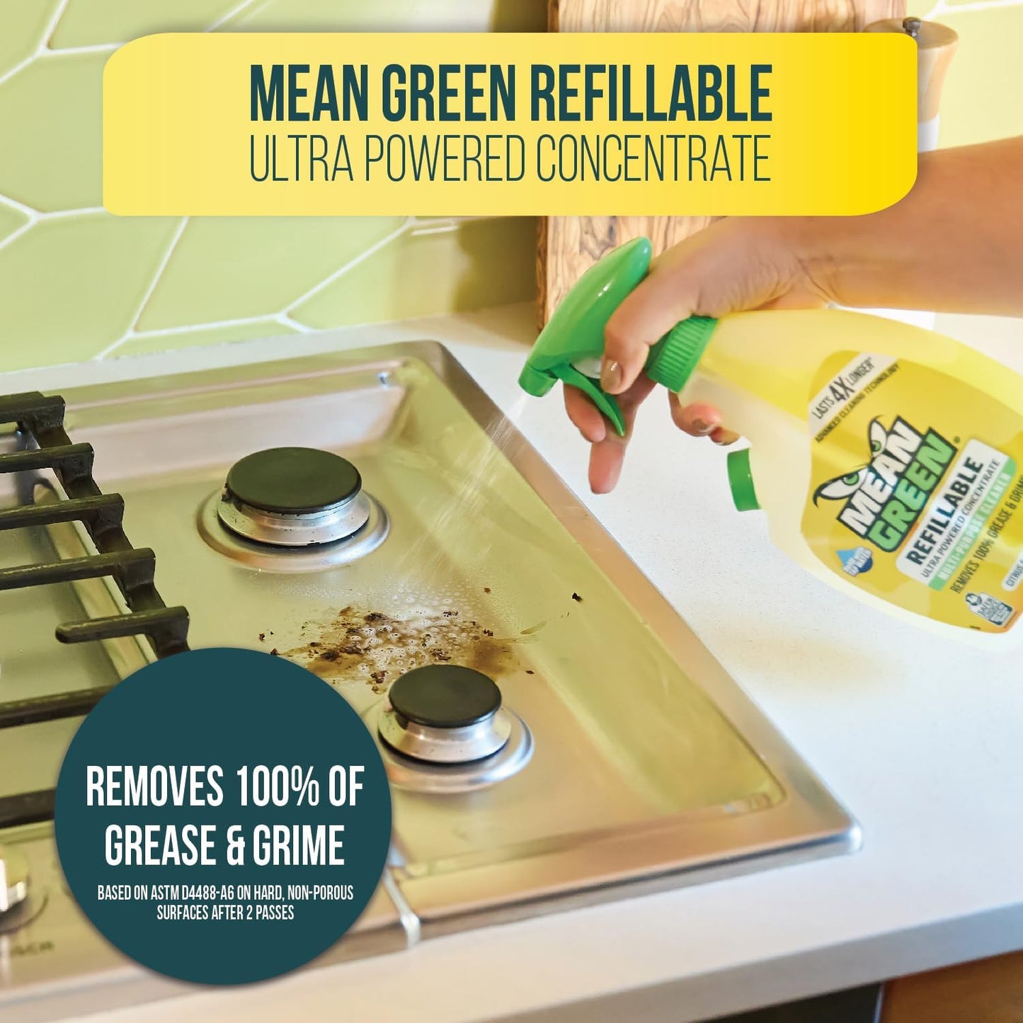 Mean Green Refillable Ultra Powered Multi-Purpose Cleaner Concentrate, Citrus & Green Tea, 14.3 fl oz – Plant & Mineral Based, Cuts Through Grease & Grime, Refillable Bottle Makes 4X Refills