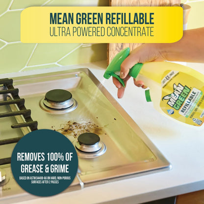 Mean Green Refillable Ultra Powered Multi-Purpose Cleaner Concentrate, Citrus & Green Tea, 14.3 fl oz – Plant & Mineral Based, Cuts Through Grease & Grime, Refillable Bottle Makes 4X Refills