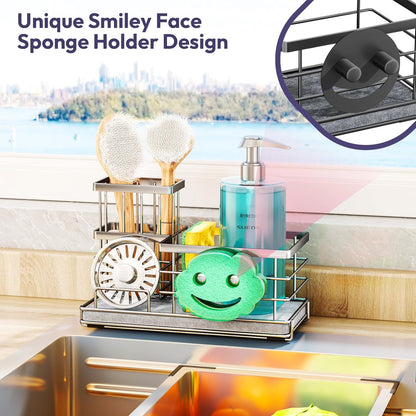 SWTYMIKI Sponge Holder for Kitchen Sink - 2 Tier Rustproof Sink Caddy with Instant Drying Stone, Removable Dish Brush Holder, Stainless Steel Kitchen Caddy for Coutertop Storage Accessories